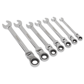 The Sealey Flexible Head Ratchet Combination Spanner Set 7pc Metric - S01143 includes seven spanners with open ends and ratcheting box ends, crafted from durable Chrome Vanadium and arranged in ascending order of size. These tools offer excellent quality at competitive prices.