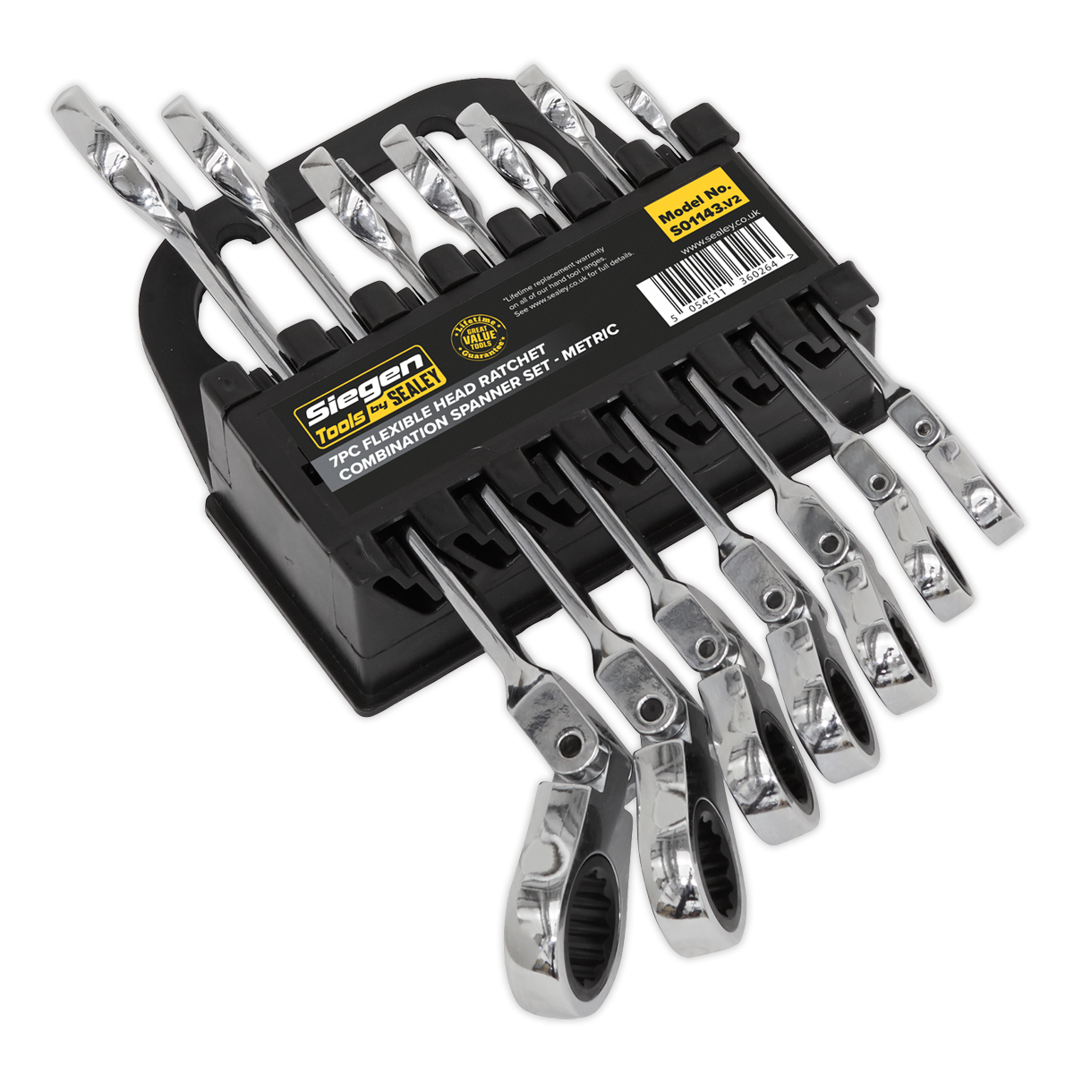 A set of seven Chrome Vanadium ratchet combination spanners with flexible heads, housed in a black plastic holder. The holder features a yellow label with the brand "Sealey" and the model number "S01143." Perfect tools at competitive prices for any toolbox.