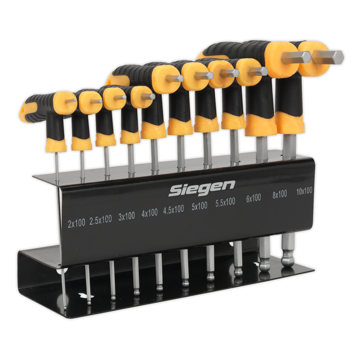 The Ball-End Hex Key Set, 10-piece T-handle metric collection, crafted from Chrome Vanadium steel and organized on a black stand labeled "Sealey," features high-quality tools held in two rows with clear size markings.