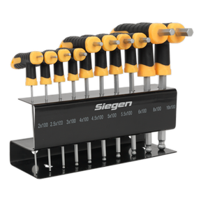 The Ball-End Hex Key Set, 10-piece T-handle metric collection, crafted from Chrome Vanadium steel and organized on a black stand labeled "Sealey," features high-quality tools held in two rows with clear size markings.