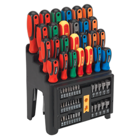 The Sealey Screwdriver, Bit & Nut Driver Set 61pc - S01152 features a range of chrome vanadium steel screwdrivers in various colors, all neatly organized in a black tool organizer. The lower section includes dedicated slots for multiple detachable bits and nut drivers.