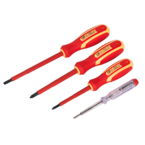 The Sealey Electrician's Screwdriver Set 4pc VDE Approved - S01155 includes four insulated screwdrivers with red and yellow handles and one voltage tester with a transparent handle, making it perfect for use on hybrid and electrical vehicles.