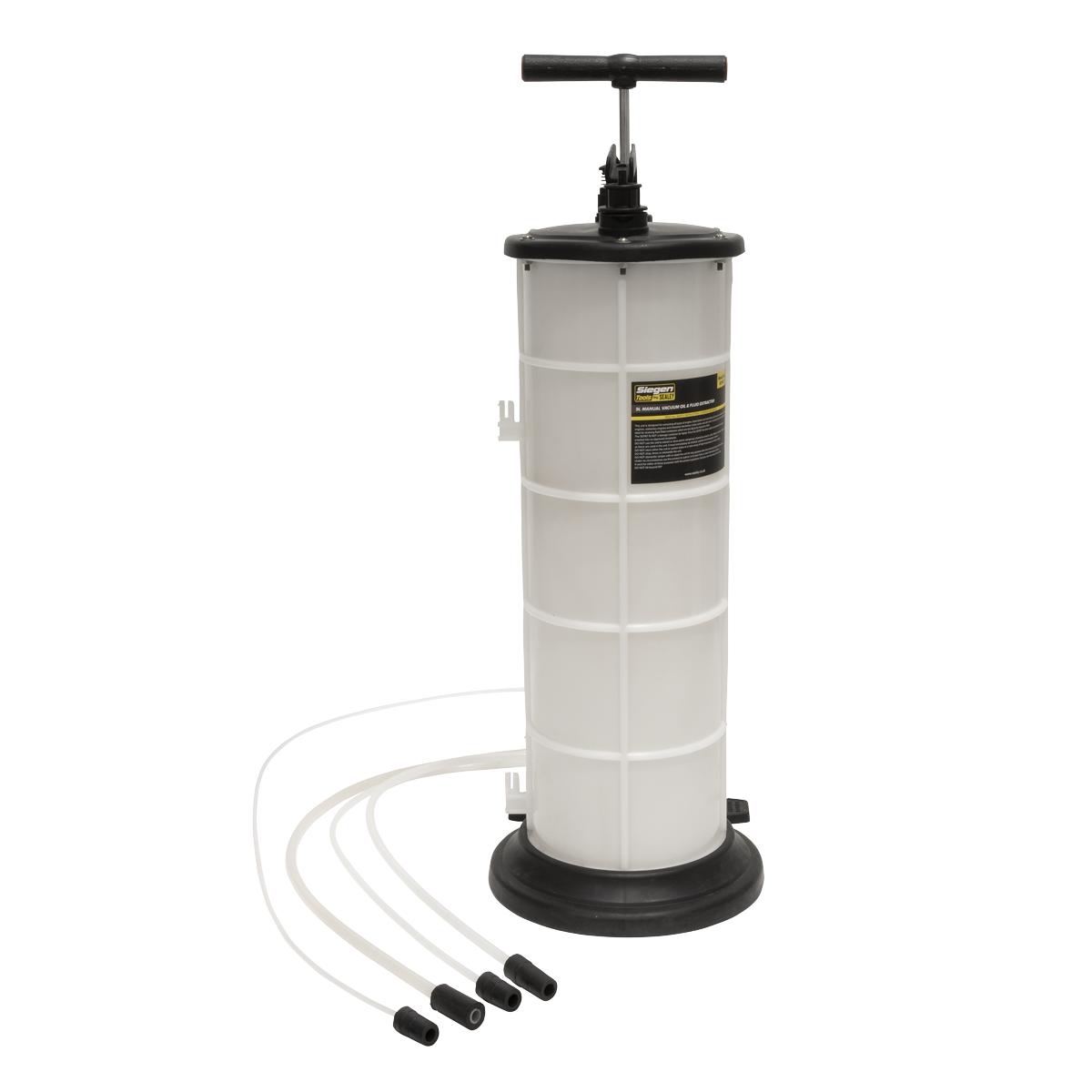 The Sealey Vacuum Oil & Fluid Extractor Manual 9L - S01167, featuring a white body, black pump handle, transparent hoses, suction probes, and black end caps arranged in front of it.