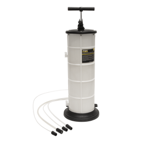 The Sealey Vacuum Oil & Fluid Extractor Manual 9L - S01167, featuring a white body, black pump handle, transparent hoses, suction probes, and black end caps arranged in front of it.