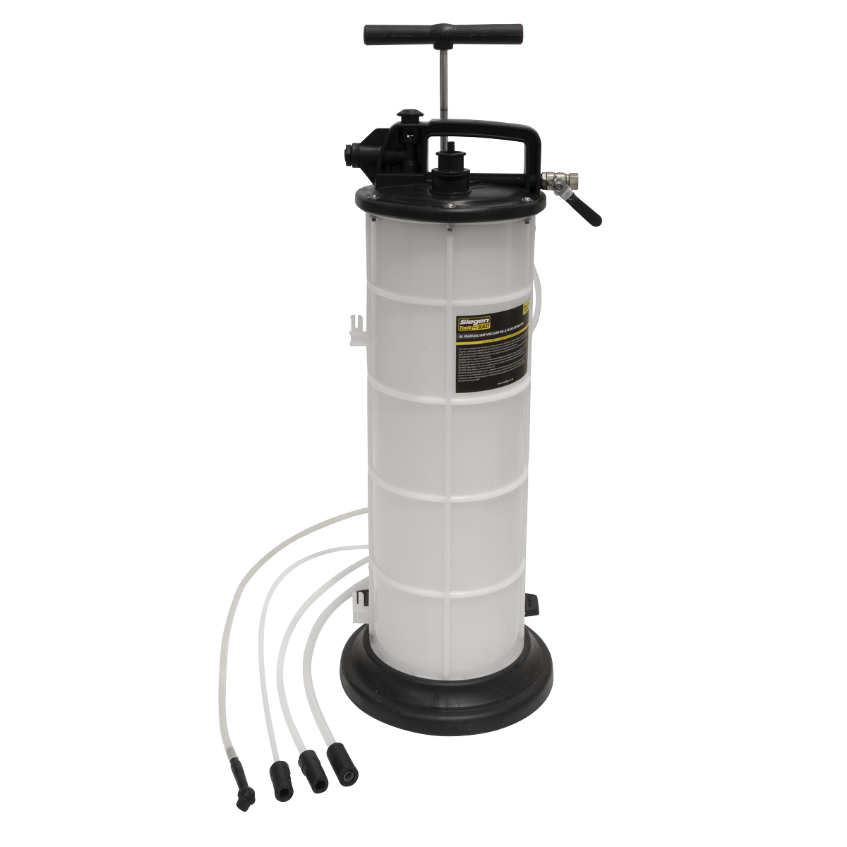 The Sealey Vacuum Oil & Fluid Extractor Manual/Air 9L - S01168 is a white cylindrical device, ideal for removing lubricating oil, and includes a black handle on top with four attached hoses lying on the floor.