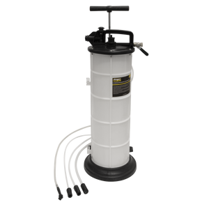 The Sealey Vacuum Oil & Fluid Extractor Manual/Air 9L - S01168 is a white cylindrical device, ideal for removing lubricating oil, and includes a black handle on top with four attached hoses lying on the floor.