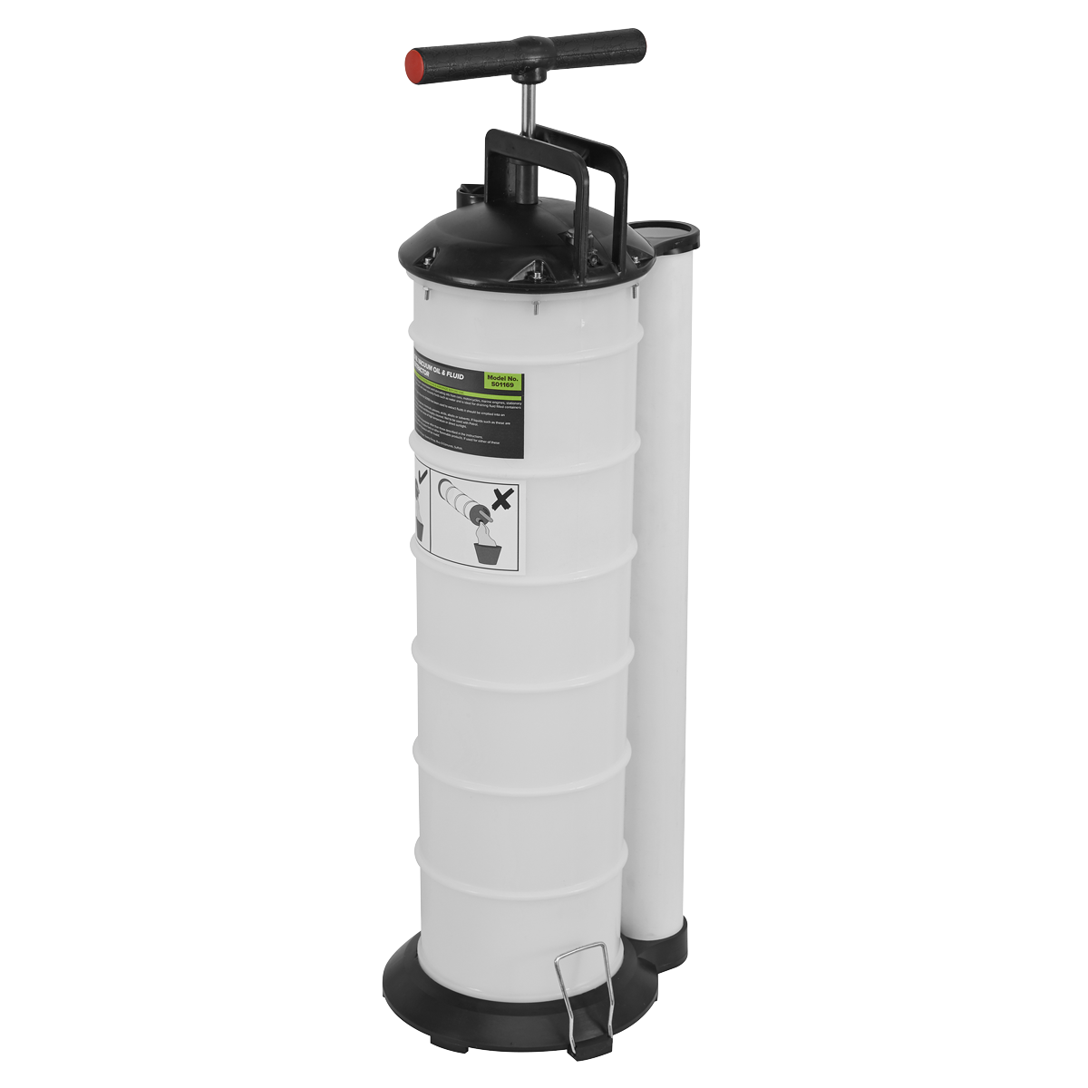 The Sealey Vacuum Oil & Fluid Extractor Manual 6.5L - S01169 is a white cylindrical device with a black handle and base, equipped with a small foot pedal at the bottom and an attached side container for efficient oil removal from car engines.