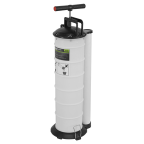 The Sealey Vacuum Oil & Fluid Extractor Manual 6.5L - S01169 is a white cylindrical device with a black handle and base, equipped with a small foot pedal at the bottom and an attached side container for efficient oil removal from car engines.