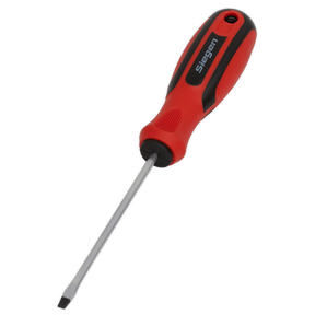 A Sealey Screwdriver Slotted 3 x 75mm - S01171, in red and black with a slotted tip, crafted from robust Chrome Vanadium, featuring an ergonomic handle and a lifetime guarantee.