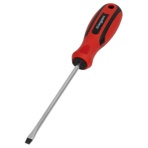 A Sealey Screwdriver Slotted 5 x 125mm - S01173, featuring a red and black design with a soft grip handle and the brand name printed on it, crafted using durable Chrome Vanadium steel.