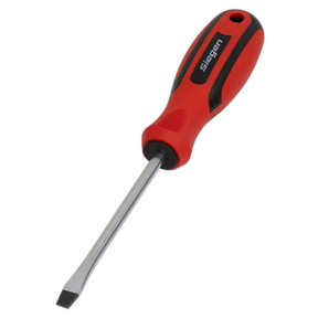 A slotted 6 x 100mm screwdriver, model number S01174, features a red and black handle that proudly displays the Sealey brand name. Crafted from Chrome Vanadium steel, its shiny metal shaft reflects light beautifully. It also comes with a lifetime guarantee for durability.
