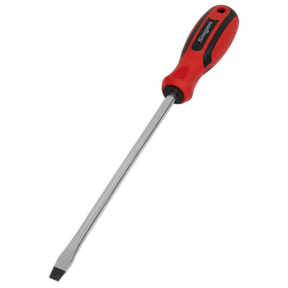A slotted screwdriver measuring 8 x 200mm, featuring a soft grip red and black handle, with the Sealey brand name etched onto its sturdy Chrome Vanadium steel shaft.