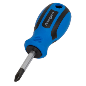 A Sealey Screwdriver Phillips #2 x 38mm - S01178, featuring a blue and black design with a stubby, soft grip handle and a durable Chrome Vanadium steel construction.