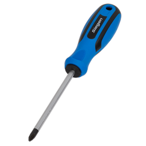 A Sealey Screwdriver Phillips #2 x 100mm - S01181 in blue and black, features a soft grip handle and a durable metal shaft made of Chrome Vanadium steel.