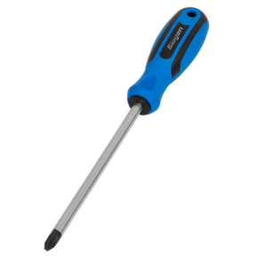 The Sealey Screwdriver Phillips #3 x 150mm (S01182) features a blue and black-handled design with a contoured soft grip handle for comfort. Crafted from durable Chrome Vanadium steel, this essential tool is a valuable addition to any quality tools collection.