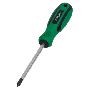 Image of a Pozi #2 x 100mm screwdriver with a green and black soft grip handle, crafted from Chrome Vanadium steel with "Sealey" written on it.