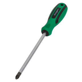 Introducing the Sealey Screwdriver Pozi #3 x 150mm - S01187, featuring a green and black ergonomic handle and a metal shaft made of Chrome Vanadium steel for exceptional durability and strength. Perfect for precision tasks, this high-quality tool embodies the excellence that Sealey is renowned for.