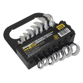 The Sealey Combination Spanner Set, 7-piece Stubby Imperial - S01190, comes in a black plastic holder and includes chrome-plated, Chrome Vanadium steel spanners of various sizes. The label provides information about the WallDrive ring combination set, including the brand name, model number, and specifications.