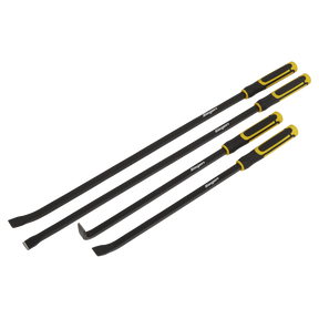 The Sealey Pry Bar Set 4pc Heavy-Duty with Hammer Cap - S01193 includes four black pry bars with high-grade steel shafts and soft grip yellow handles, arranged in ascending order of length.
