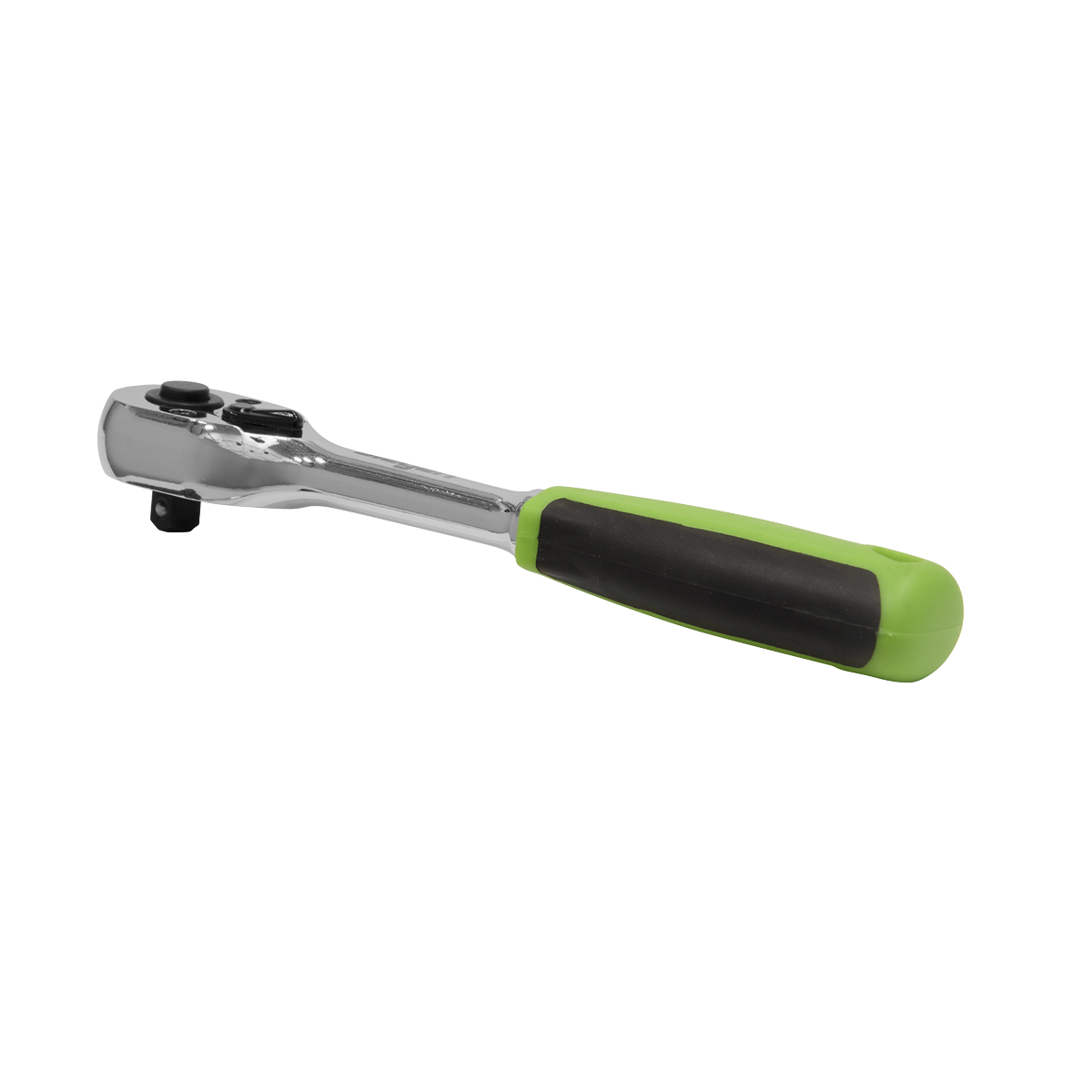 The Sealey Ratchet Wrench 1/4"Sq Drive Pear-Head Flip Reverse - S01200 is forged from durable chrome vanadium steel and features a sleek green and black handle for a comfortable grip.