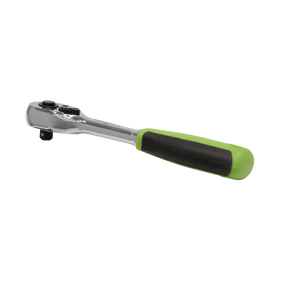 The Sealey Ratchet Wrench 1/4"Sq Drive Pear-Head Flip Reverse - S01200 is forged from durable chrome vanadium steel and features a sleek green and black handle for a comfortable grip.