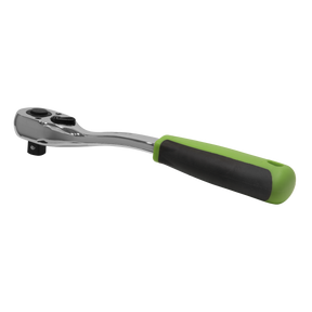 The Sealey Ratchet Wrench Offset 1/2"Sq Drive - S01205, featuring a 72-tooth Chrome Vanadium steel mechanism and an anti-slip comfort grip in black and green, isolated on a white background.