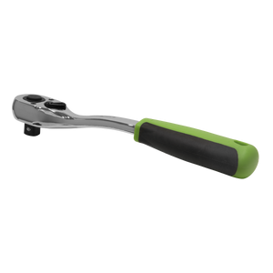 The Sealey Ratchet Wrench Offset 1/2"Sq Drive - S01205, featuring a 72-tooth Chrome Vanadium steel mechanism and an anti-slip comfort grip in black and green, isolated on a white background.