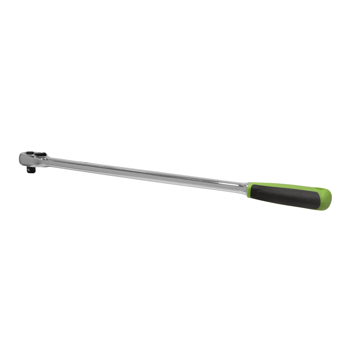 The Ratchet Wrench 3/8"Sq Drive Extra-Long Pear-Head Flip Reverse - S01206 by Sealey, featuring a silver finish crafted from Chrome Vanadium steel and a green and black handle with an extra-long ratchet mechanism, laid on a plain white background.