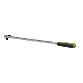 The Ratchet Wrench 3/8"Sq Drive Extra-Long Pear-Head Flip Reverse - S01206 by Sealey, featuring a silver finish crafted from Chrome Vanadium steel and a green and black handle with an extra-long ratchet mechanism, laid on a plain white background.