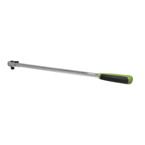 The Ratchet Wrench 3/8"Sq Drive Extra-Long Pear-Head Flip Reverse - S01206 by Sealey, featuring a silver finish crafted from Chrome Vanadium steel and a green and black handle with an extra-long ratchet mechanism, laid on a plain white background.