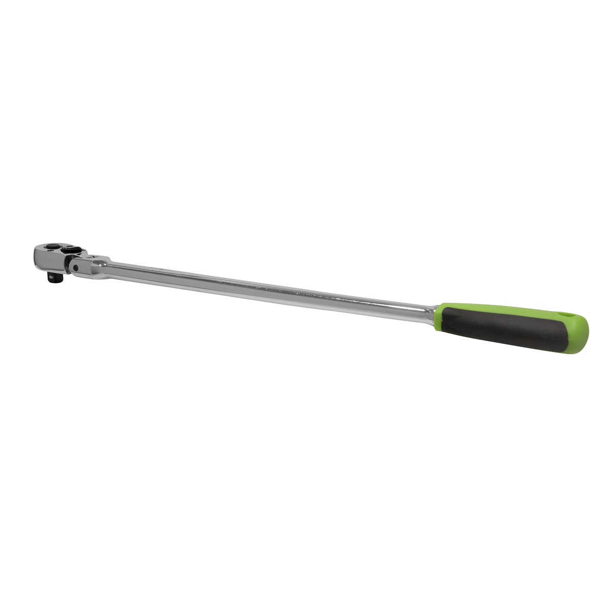 The Sealey Ratchet Wrench 3/8"Sq Drive Extra-Long Flexi-Head Flip Reverse - S01208 is an extra-long flex ratchet wrench made from robust chrome vanadium steel, boasting a green and black grip on one end and a smooth ratchet mechanism on the other.