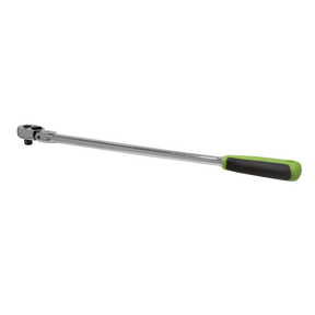 The Sealey Ratchet Wrench 3/8"Sq Drive Extra-Long Flexi-Head Flip Reverse - S01208 is an extra-long flex ratchet wrench made from robust chrome vanadium steel, boasting a green and black grip on one end and a smooth ratchet mechanism on the other.