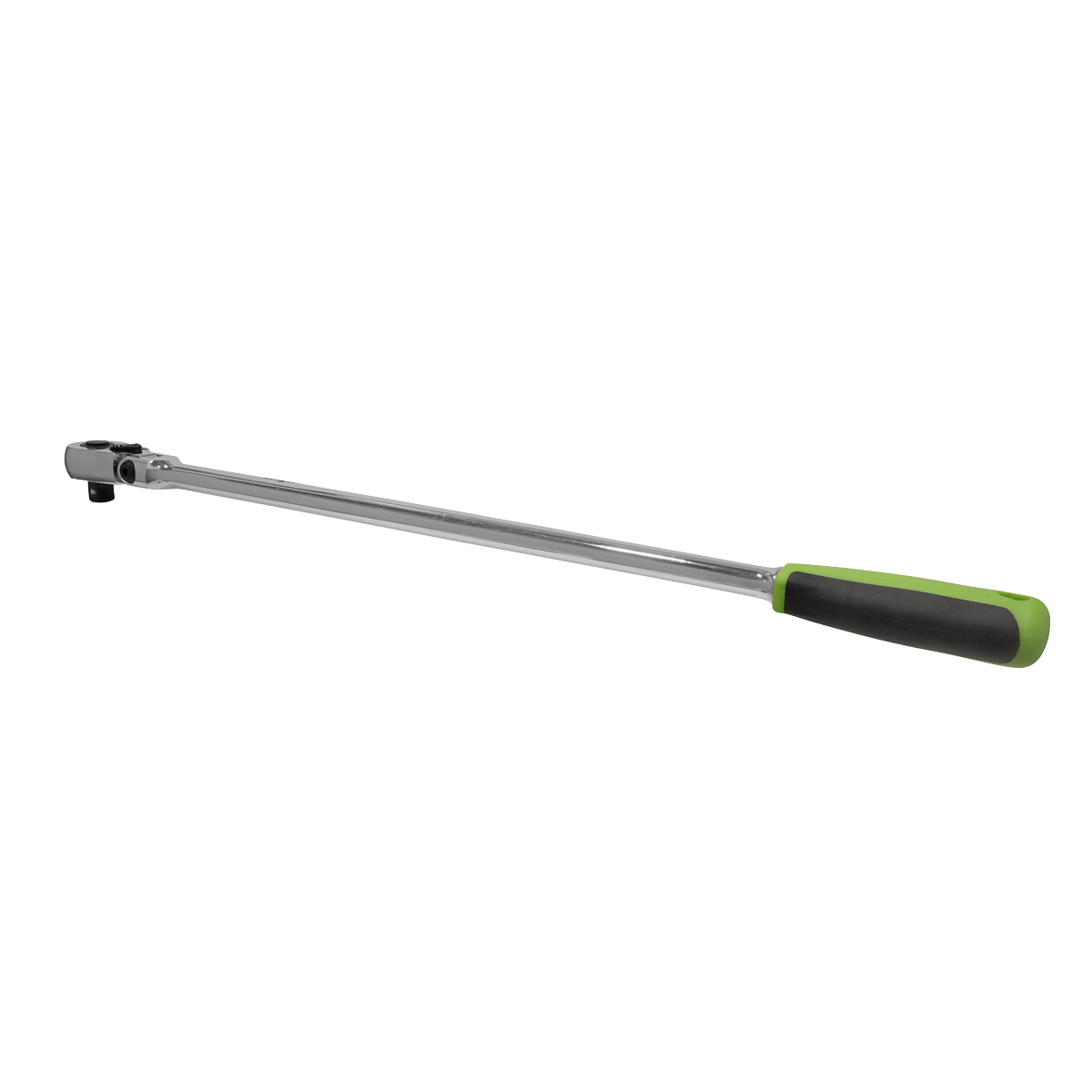 A long-handled flex ratchet wrench, the Ratchet Wrench 1/2" Sq Drive Extra-Long Flexi-Head Flip Reverse - S01209 by Sealey, features a metallic body constructed from Chrome Vanadium steel and a black and green anti-slip comfort grip.