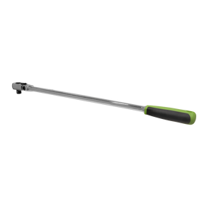 A long-handled flex ratchet wrench, the Ratchet Wrench 1/2" Sq Drive Extra-Long Flexi-Head Flip Reverse - S01209 by Sealey, features a metallic body constructed from Chrome Vanadium steel and a black and green anti-slip comfort grip.