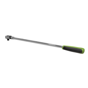 A long-handled flex ratchet wrench, the Ratchet Wrench 1/2" Sq Drive Extra-Long Flexi-Head Flip Reverse - S01209 by Sealey, features a metallic body constructed from Chrome Vanadium steel and a black and green anti-slip comfort grip.