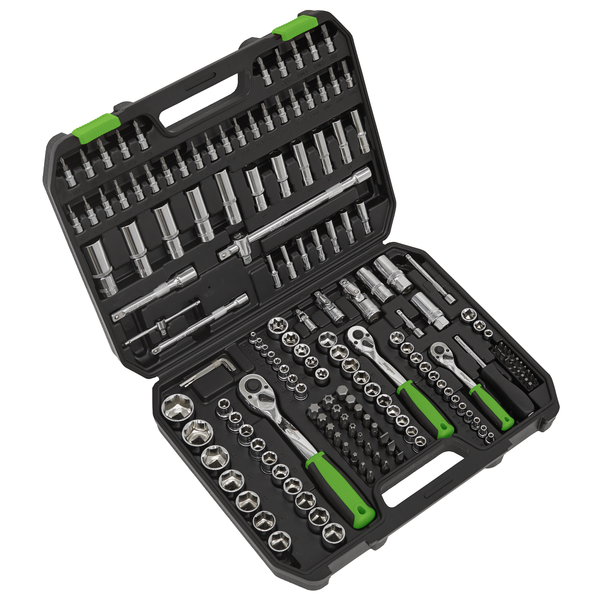 A Sealey Socket Set 171pc 1/4", 3/8" & 1/2"Sq Drive WallDrive® Metric - S01211 in a black plastic case, opens to reveal a comprehensive collection of professional tools, including ratchets and various sockets crafted from durable chrome vanadium steel, all organized neatly within compartments.