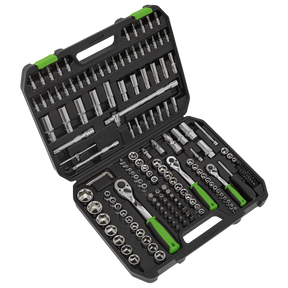 A Sealey Socket Set 171pc 1/4", 3/8" & 1/2"Sq Drive WallDrive® Metric - S01211 in a black plastic case, opens to reveal a comprehensive collection of professional tools, including ratchets and various sockets crafted from durable chrome vanadium steel, all organized neatly within compartments.