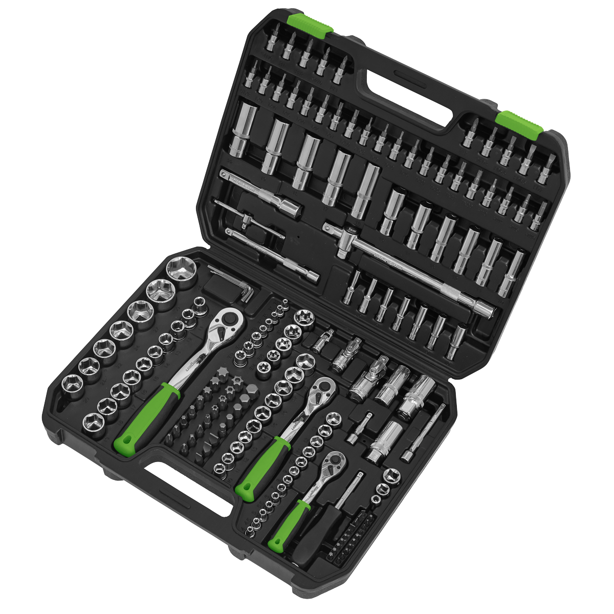 The Sealey Socket Set 171pc 1/4", 3/8" & 1/2"Sq Drive WallDrive® Metric - S01211 features a black tool case filled with professional tools, including wrenches, sockets, and ratchets made from durable Chrome Vanadium steel with green handles.