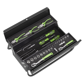 A Sealey Cantilever Toolbox with Tool Kit 70pc (S01215), featuring green-handled tools including pliers, screwdrivers, reversible ratchet wrenches, and a socket set, all neatly arranged in organized compartments.
