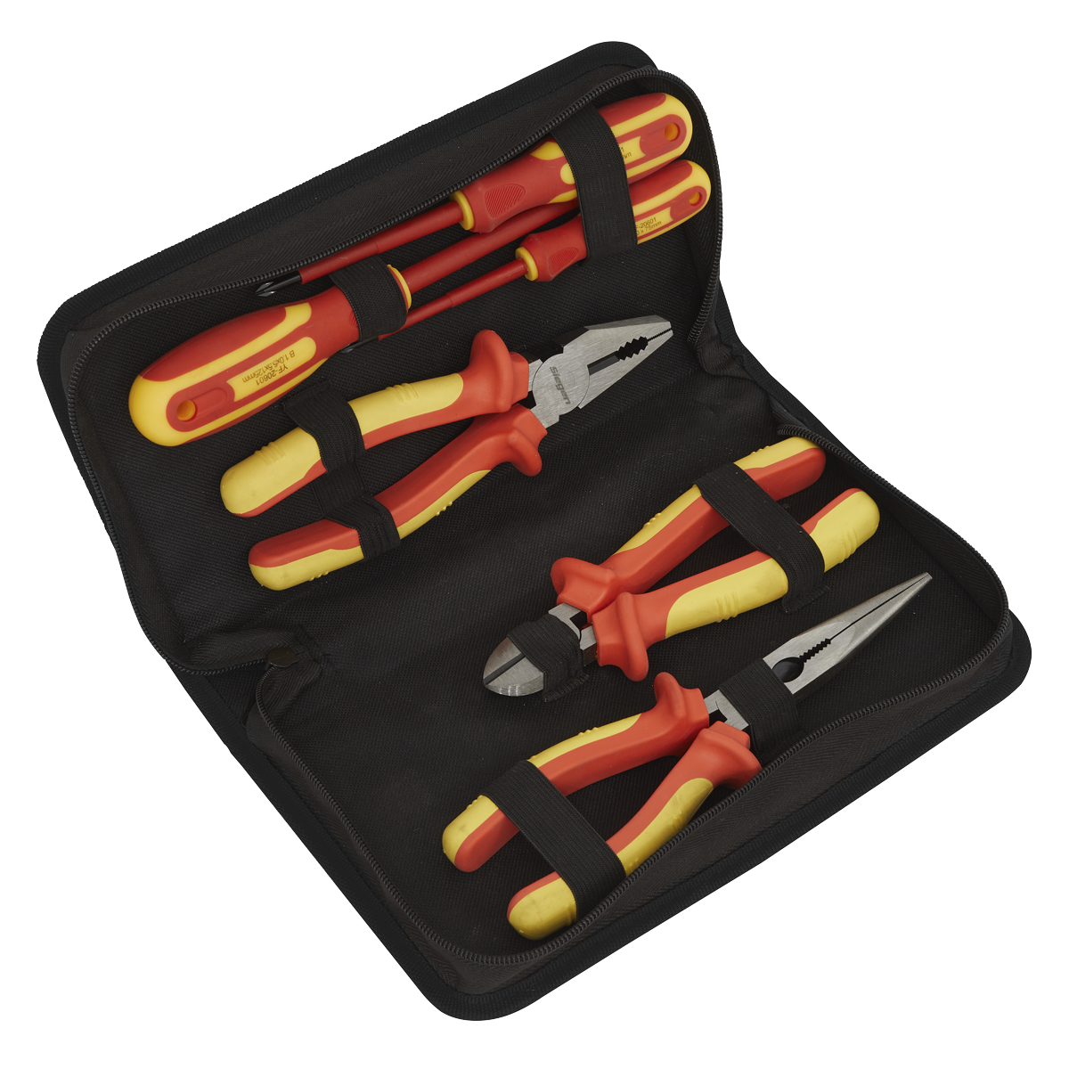 The Sealey Electrical VDE Tool Kit 6pc - S01218 includes a zippered black case containing three insulated screwdrivers and three insulated pliers made from Hardened Chrome Vanadium steel, all secured by elastic loops. These tools comply with VDE and EN 60900 standards for safety and reliability.