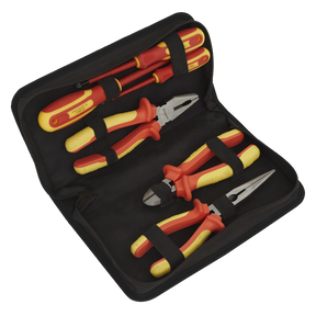 The Sealey Electrical VDE Tool Kit 6pc - S01218 includes a zippered black case containing three insulated screwdrivers and three insulated pliers made from Hardened Chrome Vanadium steel, all secured by elastic loops. These tools comply with VDE and EN 60900 standards for safety and reliability.