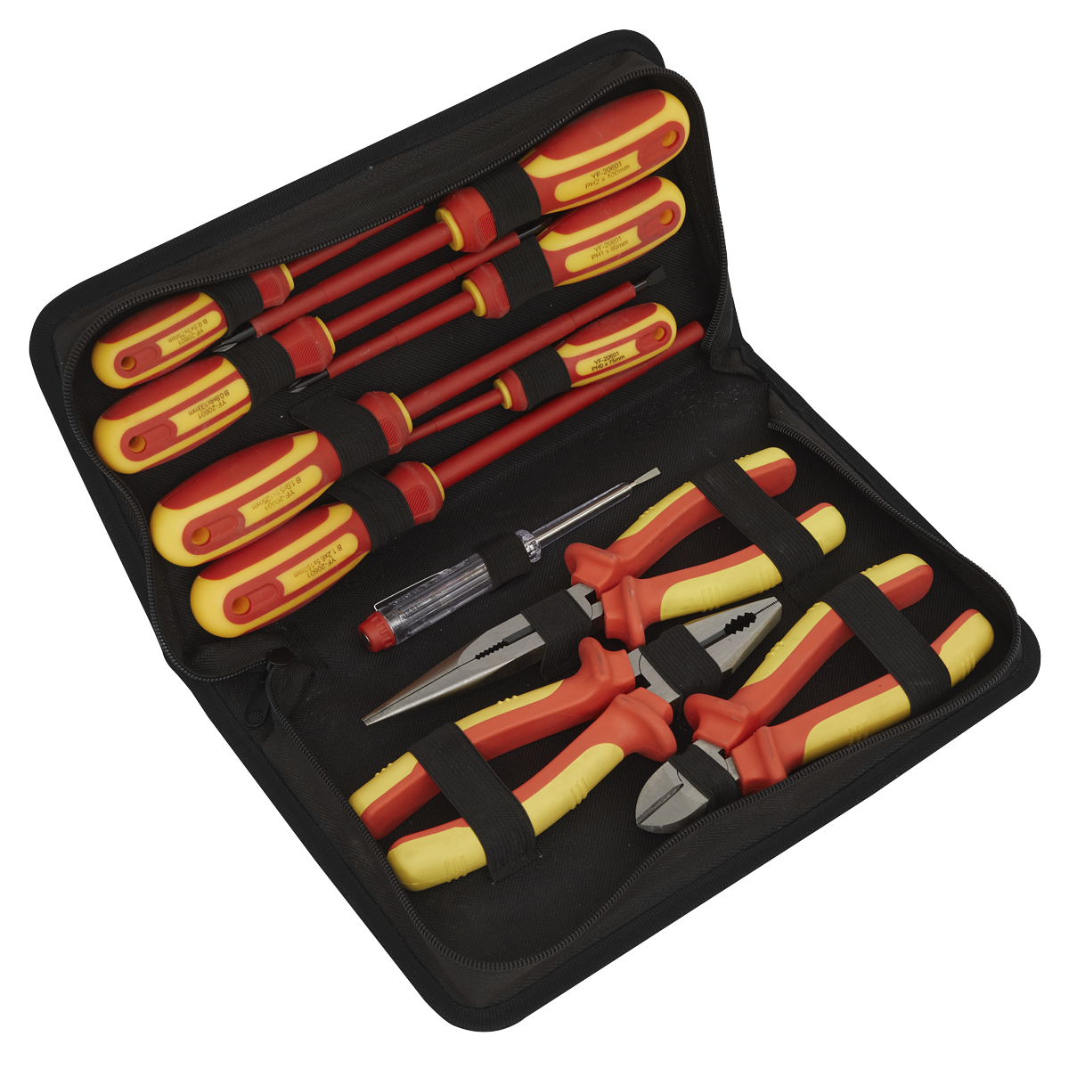 The Sealey Electrical VDE Tool Kit 11pc - S01219 is a set of high-quality, insulated tools, including screwdrivers and pliers, perfect for electricians, all organized in a black zippered case.