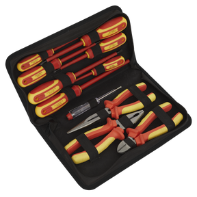 The Sealey Electrical VDE Tool Kit 11pc - S01219 is a set of high-quality, insulated tools, including screwdrivers and pliers, perfect for electricians, all organized in a black zippered case.
