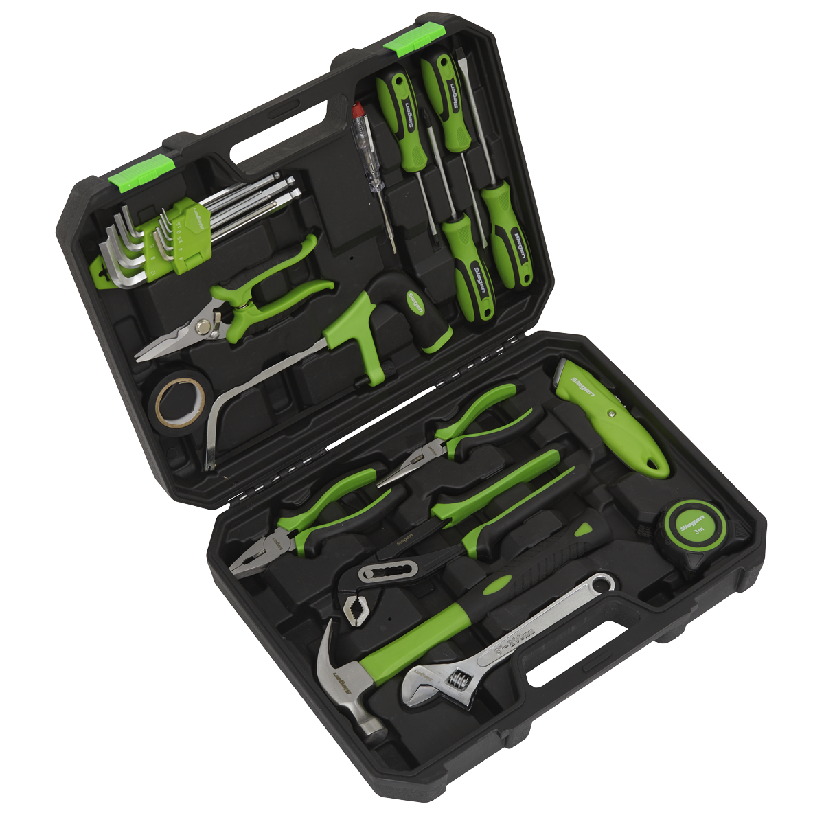 Introducing the Tool Kit 24pc - S01222 by Sealey, a sleek black and green hard plastic toolkit. This high-quality set includes essential tools such as screwdrivers, pliers, a hammer, wrenches, hex keys, and a measuring tape. The open case reveals an organized layout with some tools featuring soft grip handles for enhanced comfort.