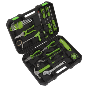 Introducing the Tool Kit 24pc - S01222 by Sealey, a sleek black and green hard plastic toolkit. This high-quality set includes essential tools such as screwdrivers, pliers, a hammer, wrenches, hex keys, and a measuring tape. The open case reveals an organized layout with some tools featuring soft grip handles for enhanced comfort.