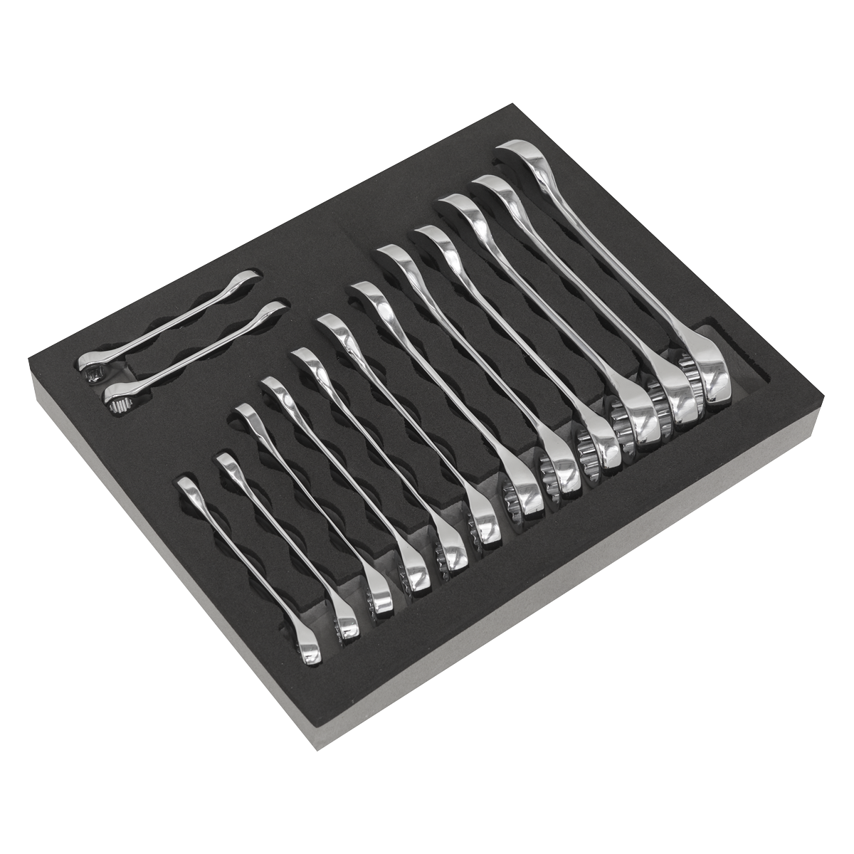 The Sealey Combination Spanner Set 14pc Stubby - S01232 comes neatly arranged in a black foam tray and includes a lifetime guarantee.