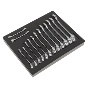 The Sealey Combination Spanner Set 14pc Stubby - S01232 comes neatly arranged in a black foam tray and includes a lifetime guarantee.