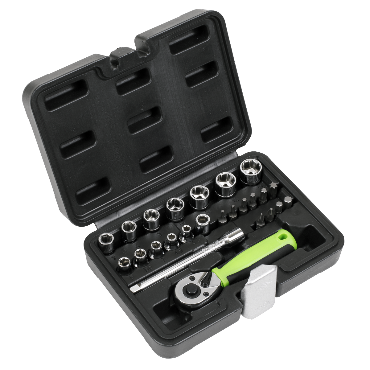 The Sealey Socket Set 25pc 1/4"Sq Drive - Metric - S01233 comes in a black plastic tool case and includes a variety of professional-grade sockets made from durable chrome vanadium steel, along with a green-handled ratchet wrench and additional small bits. For your peace of mind, it also comes with a lifetime guarantee.