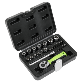 The Sealey Socket Set 25pc 1/4"Sq Drive - Metric - S01233 comes in a black plastic tool case and includes a variety of professional-grade sockets made from durable chrome vanadium steel, along with a green-handled ratchet wrench and additional small bits. For your peace of mind, it also comes with a lifetime guarantee.