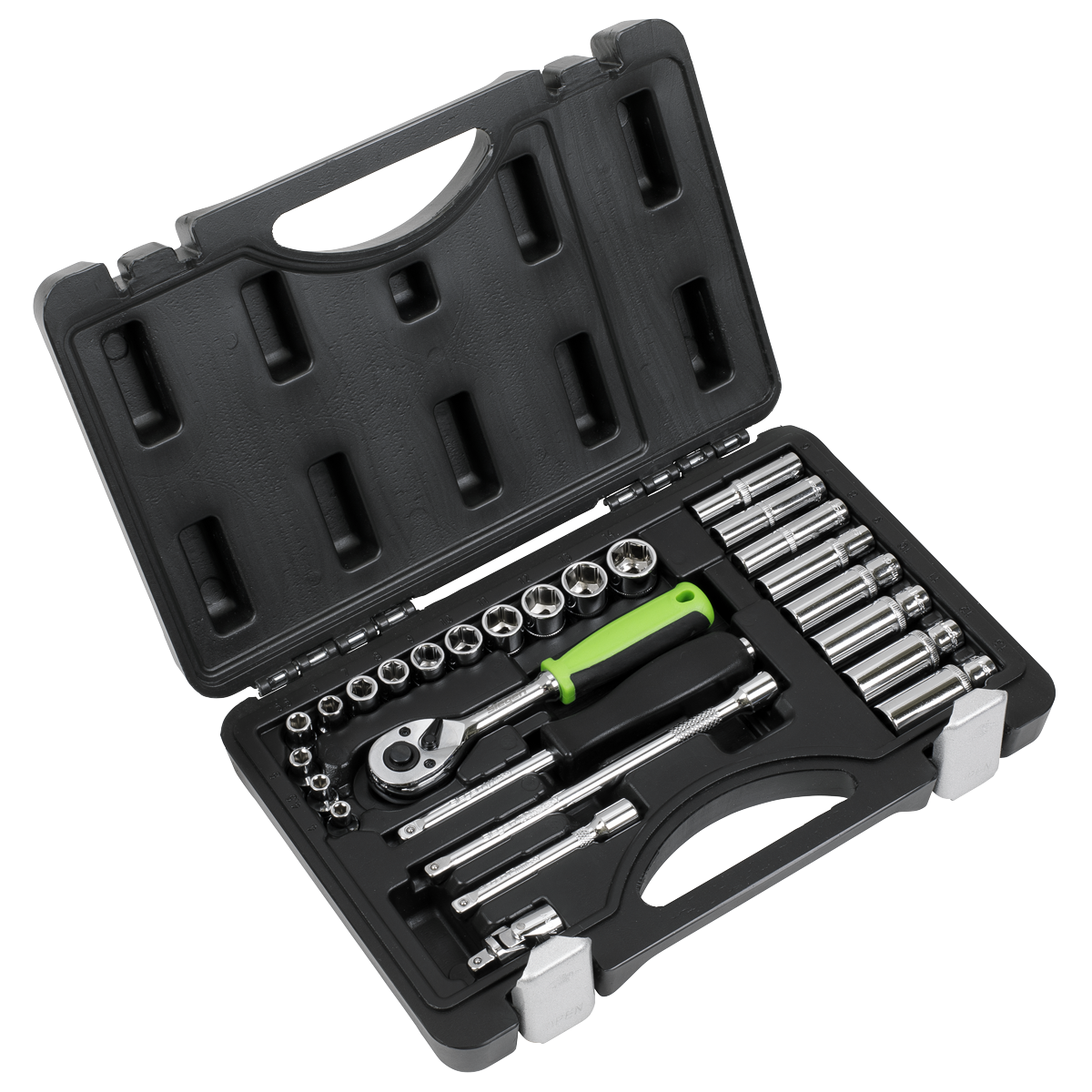 Introducing the Sealey Socket Set 26pc 1/4"Sq Drive Metric - S01234: a black plastic case containing a socket wrench set made from durable Chrome Vanadium steel, including metric sockets, a 72-tooth ratchet wrench with a green grip, and various attachments.